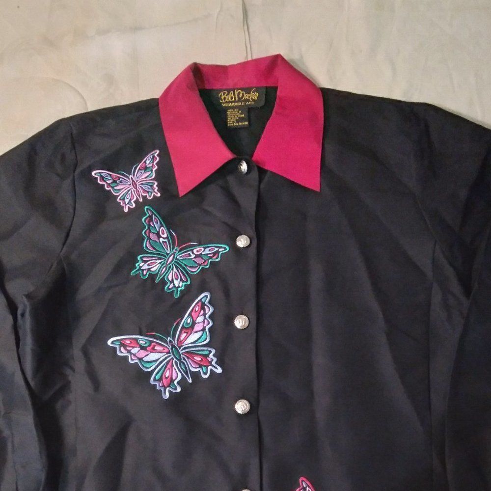 VTG Bob Mackie Embroidered Butterflies Silk Shirt